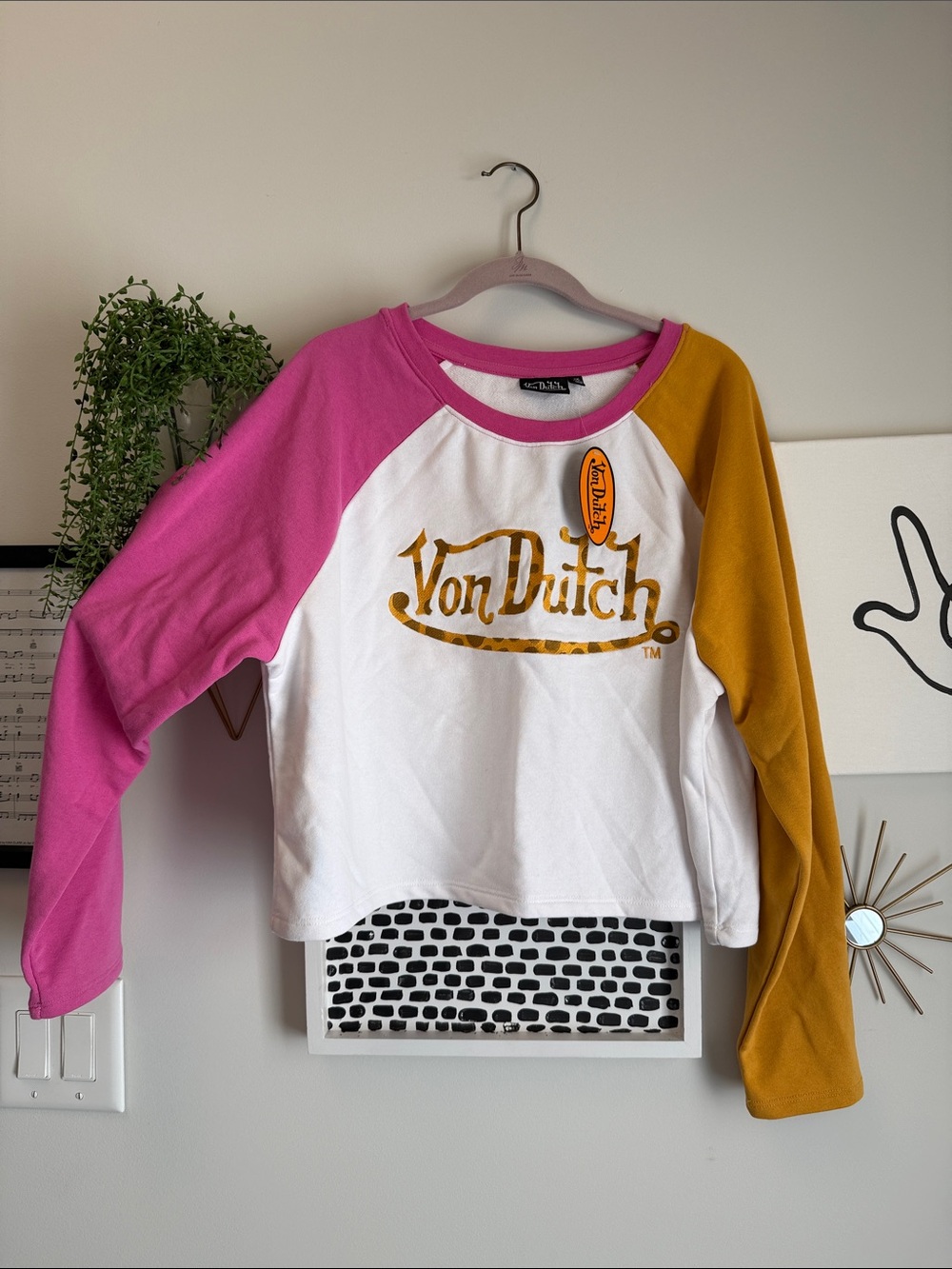 Von Dutch White Crewneck with Pink & Mustard Colorblock Sleeves